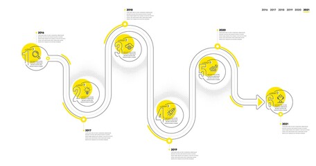 Poster - Business Infographic timeline with 6 steps. Journey path workflow infographics. Workflow process diagram with Research Idea, Working, Growth chart and Winner cup line icons. Vector