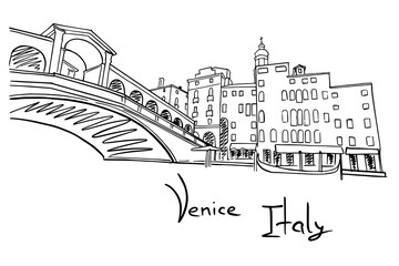 Sticker - Vector sketch of scene in Venice with channel, gondola and architecture.