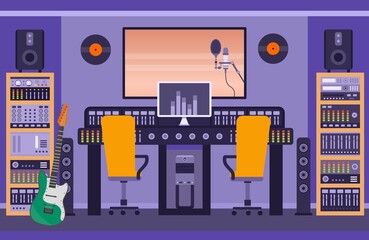 Music recording studio room with loudspeakers, guitar and control panels. Radio booth for singer and bands. Song audio record vector concept