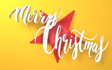 Merry Christmas Text and Star Ornament Greeting Card on Yellow Background