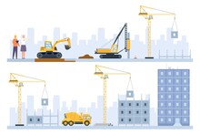 Flat Houses Construction Process Stages With Building Machinery. Engineers, Excavator And Crane Build. Real Estate Industry Vector Concept