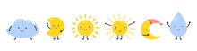 Sun Characters. Suns, Cloud And Crescent. Moon And Cute Water Drop. Flat Cartoon Weather Elements, Isolated Vector Set