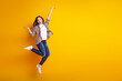 canvas print picture - Full size profile side photo of young cheerful girl jump advertise advantage solution isolated over yellow color background