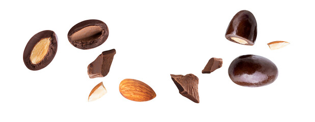 Wall Mural - almond blast with chocolate fly,chocolate ball flavour almond,almond broken piece on white isolated
