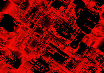 Poster - Red and black geometric pattern. Abstraction based on a printed circuit board. Background without focus. PCB creative pattern. Technological futuristic concept. 3d image