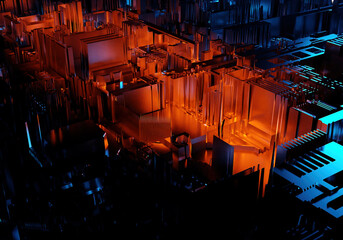 Poster - Three-dimensional geometric background without focus. Image of computer components. Geometric abstraction of details or three-dimensional figures. A pattern with an illuminated central part. 3d image