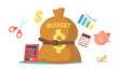 Budget Deficit Concept. Money Sack Tight with Belt, Calculator, Piggy Bank, Charts, Dollar. Economy Crisis Situation