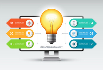 Idea infographic concept. Glowing light bulb against the background of a computer screen with six numbered arrows directed from the center. Vector illustration