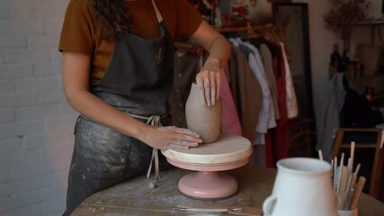 Poster - Pottery creation process. Professional ceramist modeling handmade jug using fingers and raw clay. Young woman focused on work in ceramics studio. Making craft crockery for sale. Small business concept