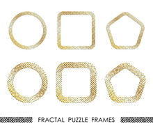 Set Of Golden Round And Square Abstract Geometric Fractal PUZZLE Frames For Decorative Headers. Gold Ornates Mosaic Frames Isolated On White Background. Vector