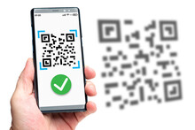 Qr Verification Concept. Mobile Phone With A Scanner Reads The Qr Code. Machine-readable Barcode On Smartphone Screen. Quick Response Code On Smartphone Screen.