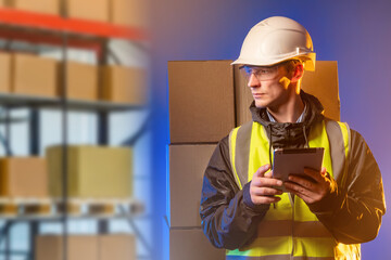 Poster - Man with a tablet on the background of a warehouse. Serious manager using a digital tablet while standing in a warehouse. Warehouse storage of goods and finished products. Storekeeper in yellow vest
