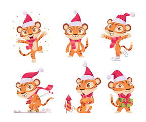 Poster - New year tiger. Wild cute animal in action poses tiger in red winter celebration santa cap exact vector 2022 yer promotional character