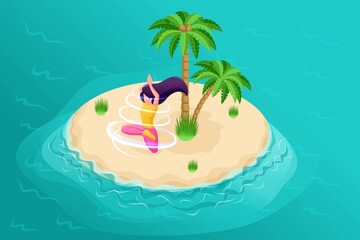 Poster - 3d isometry, a girl meditates on the beach, meditate wherever you want, enjoy nature. high quality i