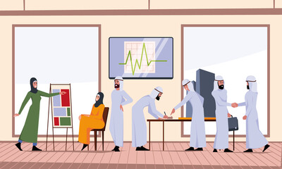 Wall Mural - Arabic business meeting. Saudi workers in lecture room talking digital graphic growing company corporate office people garish vector flat background