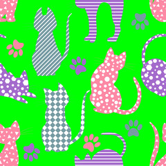 Vector seamless pattern with kittens purple and pink on a green isolated background. Silhouettes of cats in various poses are painted over with various geometric patterns. Bedclothes 