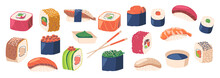 Set Of Japanese Cuisine Sushi Gunkanmaki Ikura With Salmon Roe, Tobiko With Flying Fish Roe And Uni With Sea Urchin