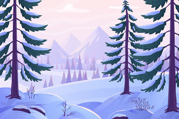 Aufkleber - Winter forest view concept in flat cartoon design. Snowy fir trees and other evergreen trees on slopes and mountains on horizon. Day in woods or park. Natural scenery. Vector illustration background