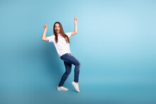 Full Body Photo Of Young Lovely Lady Indicate Fingers Empty Space Promo Dancing Isolated Over Blue Color Background