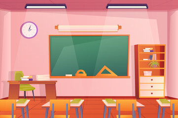 Poster - School classroom interior concept in flat cartoon design. Room and furniture wallpaper. Class with pupils desks, chairs, teachers desk, chalkboard, bookcase and decor. Vector illustration background