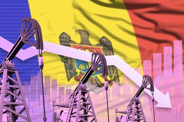 lowering down chart on Moldova flag background - industrial illustration of Moldova oil industry or market concept. 3D Illustration