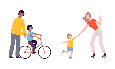 Sticker - Young Parent with His Kid Teaching Riding Bicycle and Roller Skating Vector Set