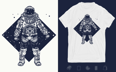 Wall Mural - Astronaut tattoo. Cosmonaut in deep space triangular style and t-shirt design. Vector graphics template. Hand drawn illustration
