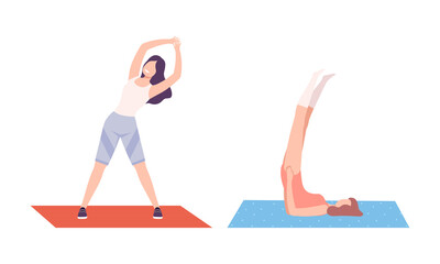 Wall Mural - Young Woman on Mat Doing Candlestick and Stretching Engaged in Fitness Workout Vector Set