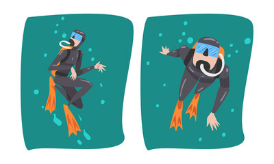 Sticker - Scuba Diving Man with Breathing Equipment and Flippers Diving Underwater Vector Set