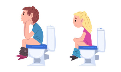 Sticker - Little Boy and Girl Sitting on Toilet Bowl Vector Set