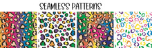 Set Of Rainbow Seamless Pattern With Leopard Print. Pride Colorful Wallpaper. Cheetah Bright Gradient Background