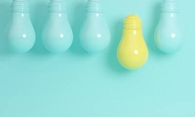 Poster - Row of lamps with one yellow shiny. Business concept idea. 3d rendering