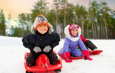 Poster - childhood, sledging and season concept - group of happy little kids sliding down on sleds in winter over snowy forest or park background