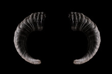 Ram Horns Isolated On Black. Satanic, Occult Symbol.