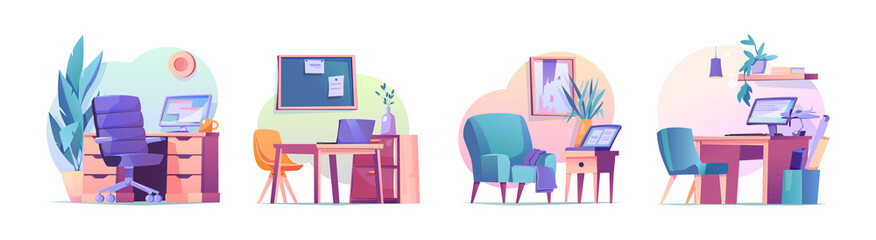 Aufkleber - Workplaces at home and in office isolated cartoon set. Vector workspace, tables and computers, notebooks and laptops, chairs and desks. House interior, lamp and vase modern interior design elements