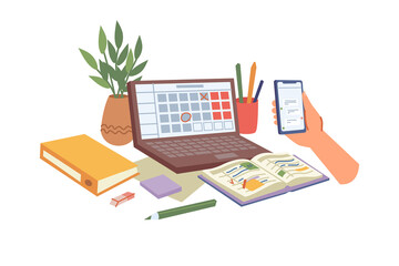 Poster - Notebook or diary planner for organization of working space and tasks. Computer and smartphone with application for making marks and appointments. Business tools or student schedule. Vector in flat