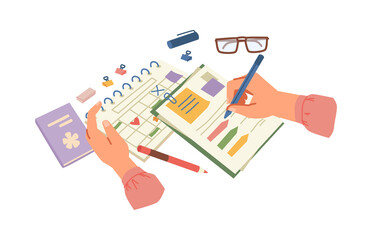 Poster - Personal diary or notebook for marking events and tasks, hand of worker filling information on paper. Journal or calendar, business management and tools for productivity boost. Vector in flat style