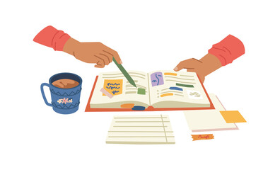 Poster - Diary for planning tasks and workflow, isolated person using journal for organization and management, Student with notebook making notes in schedule, personage with cup of coffee, vector in flat