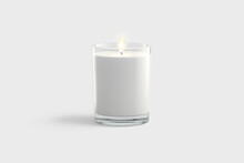 Blank White Pillar Candle In Glass Jar Mockup, Gray Background