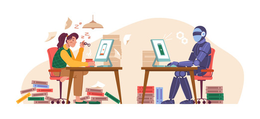 Leinwandbilder - Human vs robot, girl scientist and cyborg sitting at tables with computers, collaboration, competition of minds flat cartoon characters. Vector artificial intelligence automation against female person