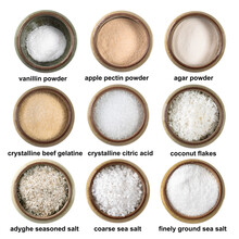 Various Cooking Ingredients In Bowls With Names
