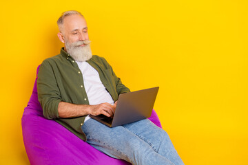 Sticker - Photo of bearded programmer man sit beanbag hold pc typing wear green shirt isolated yellow color background