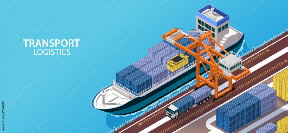 Vector isometric industrial cargo port. Container terminal with cranes ...