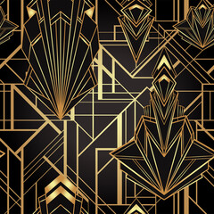Art deco style geometric seamless pattern in black and gold. Vector illustration. Roaring 1920 s design. Jazz era inspired . 20 s. Vintage Fabric, textile, wrapping paper, wallpaper.