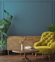 Wall Mockup In Colorful Home Interior With Retro Furniture, 3d Render