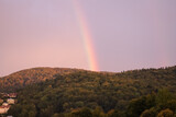 Fototapeta Tęcza - View of a colorful rainbow in the sky above a hill covered with dense deciduous forest. View of the mountainous areas and glades.