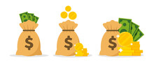 Money Bag, Dollar Coins And Banknotes In Flat Vector Illustration.