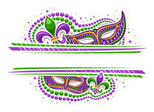 Vector Mardi Gras Border With Copyspace, Horizontal Template With Illustration Of Purple Mardi Gras Symbols, Colorful Stars And Decorative Stripes For Mardigras Show Event On White Background