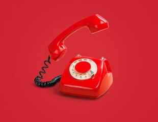 Canvas Print - Old, red rotary dial retro telephone with receiver,