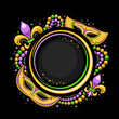Vector Mardi Gras Frame with copy space for text, circle template with illustration of yellow mardi gras symbols and decorative colorful stars, poster for mardigras show event with black background